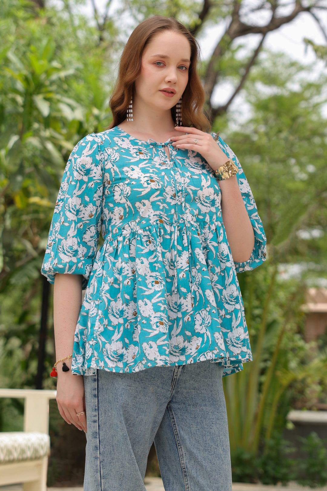 Karina Blue Cotton Frill Top