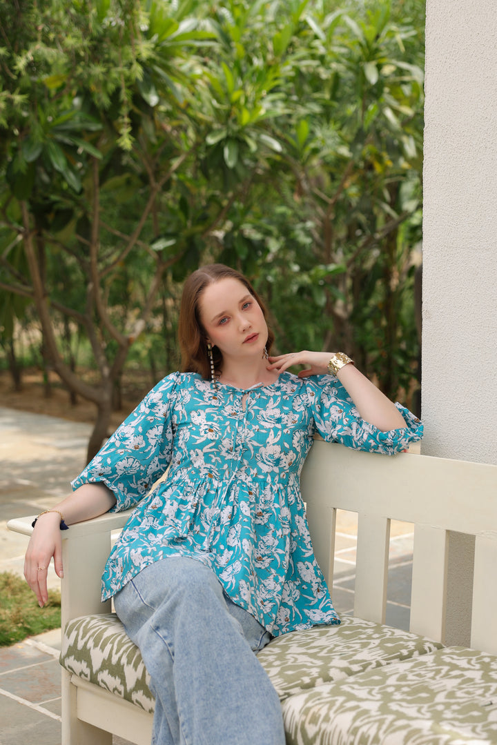 Karina Blue Cotton Frill Top
