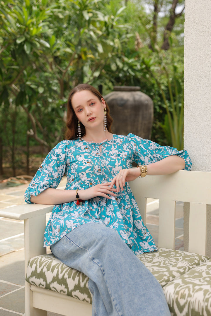 Karina Blue Cotton Frill Top