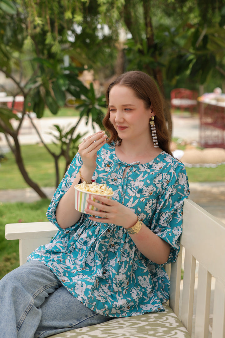 Karina Blue Cotton Frill Top
