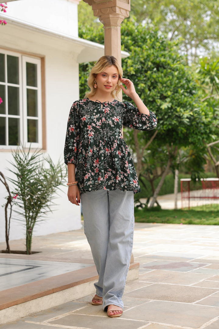 Margarita Green Cotton Frill Top