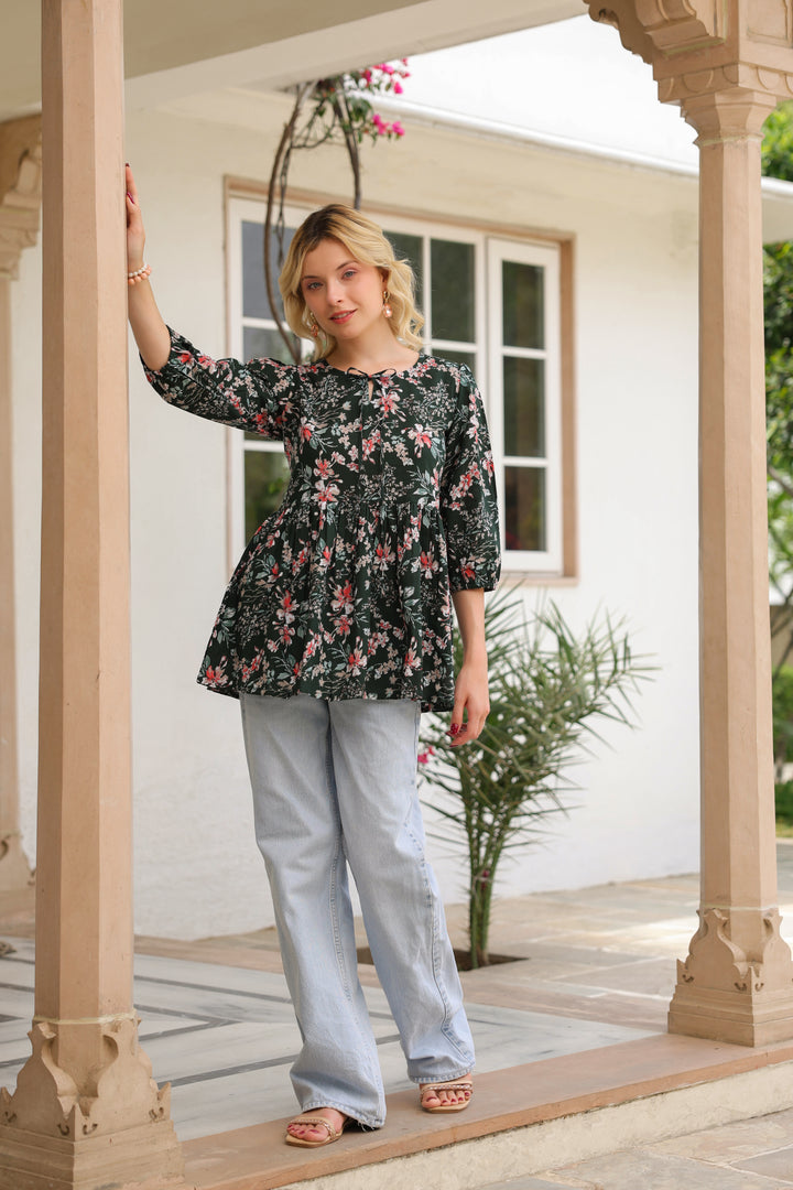Margarita Green Cotton Frill Top