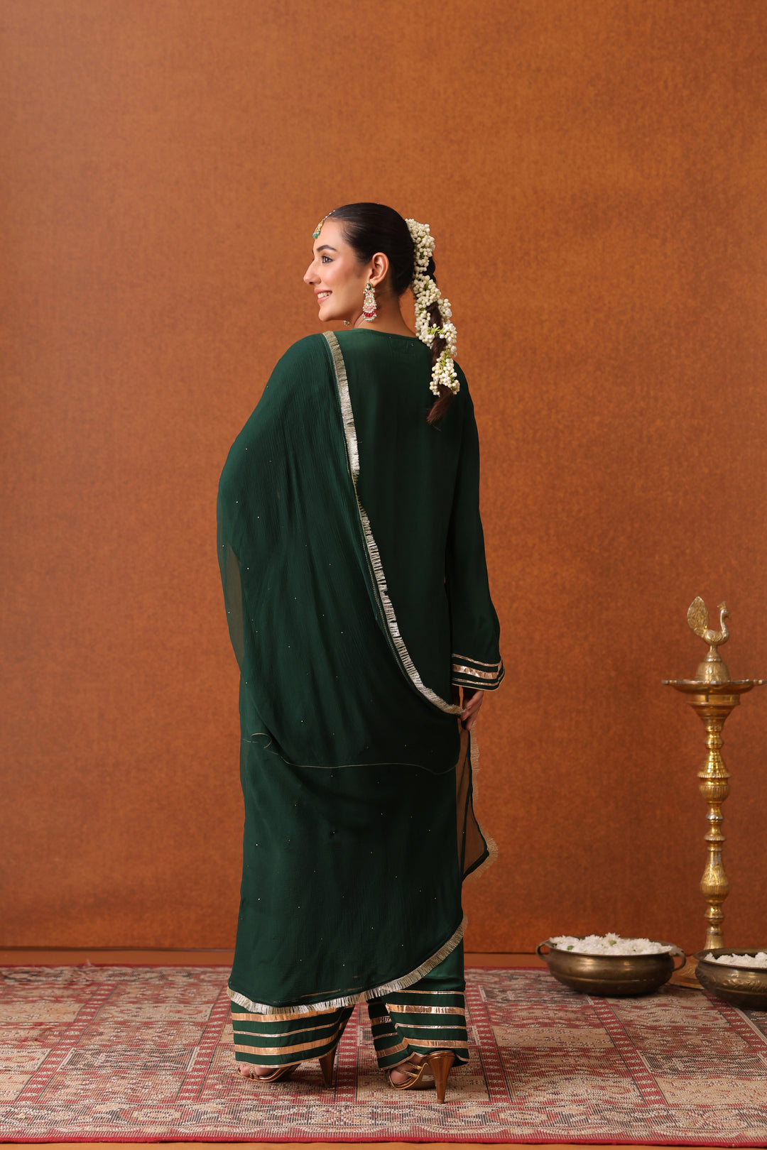 Nevadita Bottle Green Crepe Gota Farshi Set