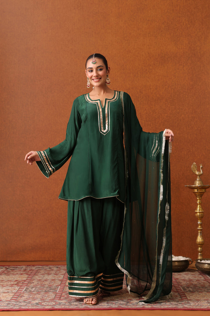 Nevadita Bottle Green Crepe Gota Farshi Set