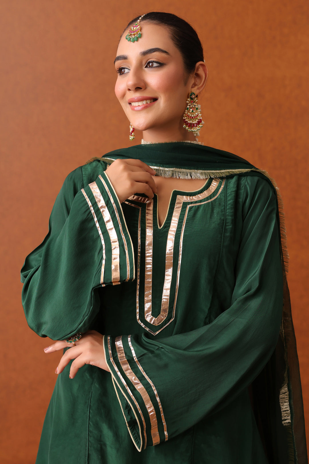 Nevadita Bottle Green Crepe Gota Farshi Set
