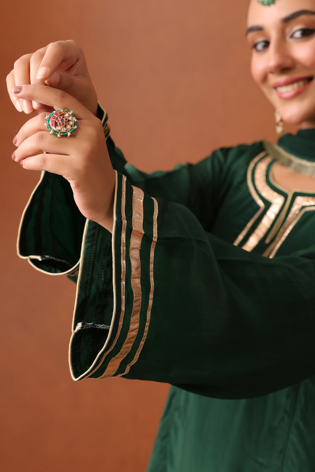 Nevadita Bottle Green Crepe Gota Farshi Set