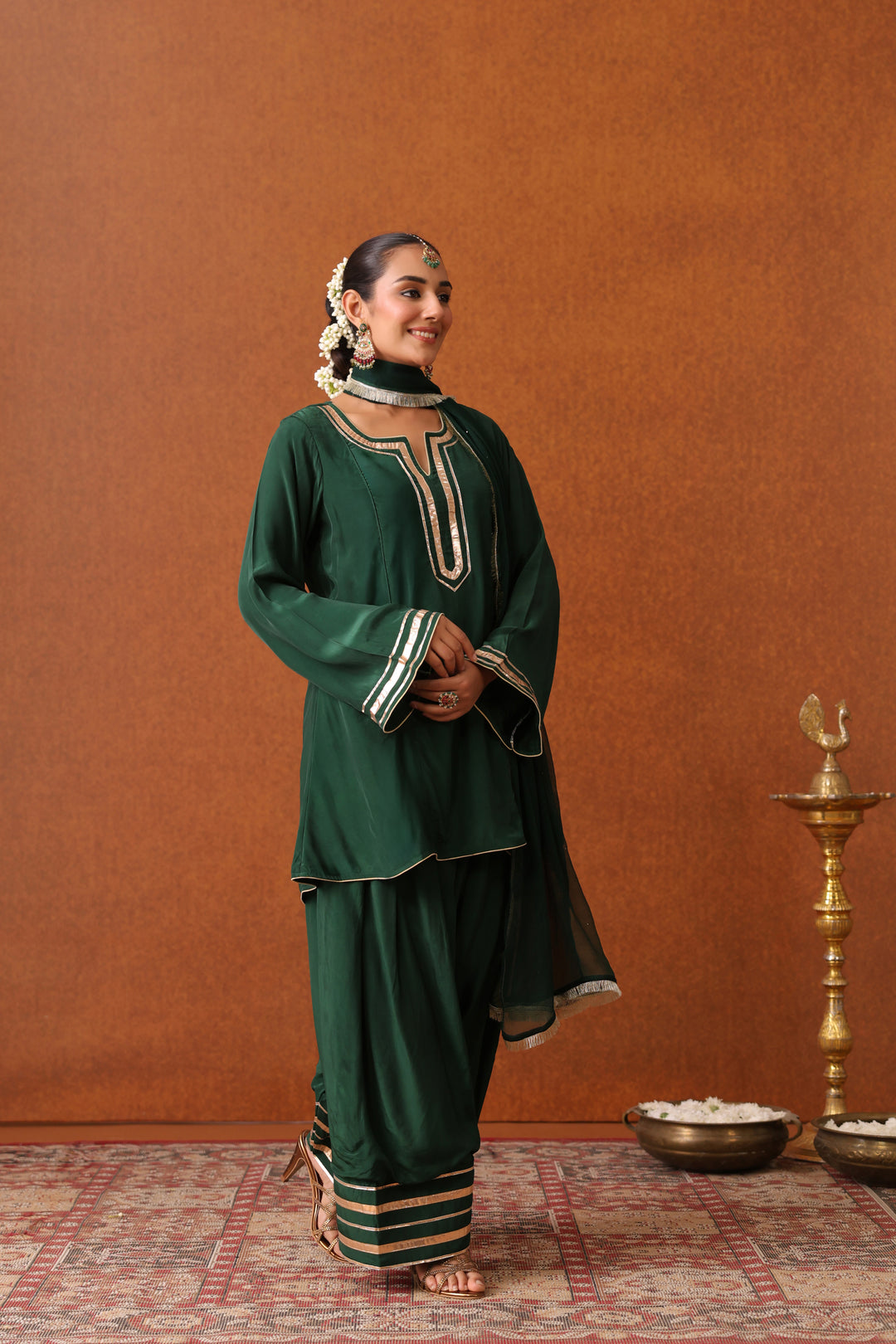 Nevadita Bottle Green Crepe Gota Farshi Set