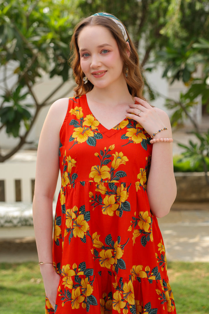 Roksana Red Flared Cotton Dress