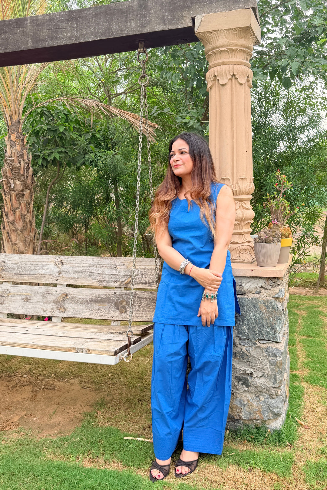 Blue Solid Cotton Farshi Set