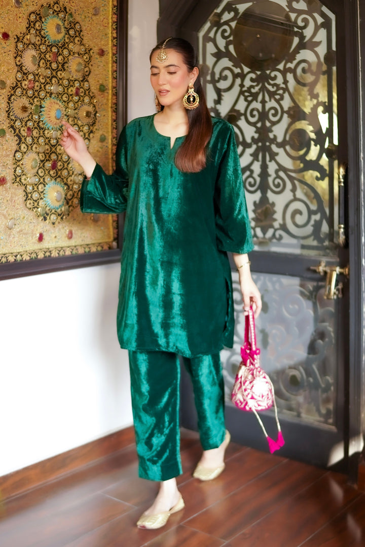 Bottle Green Velvet Co-ord Set