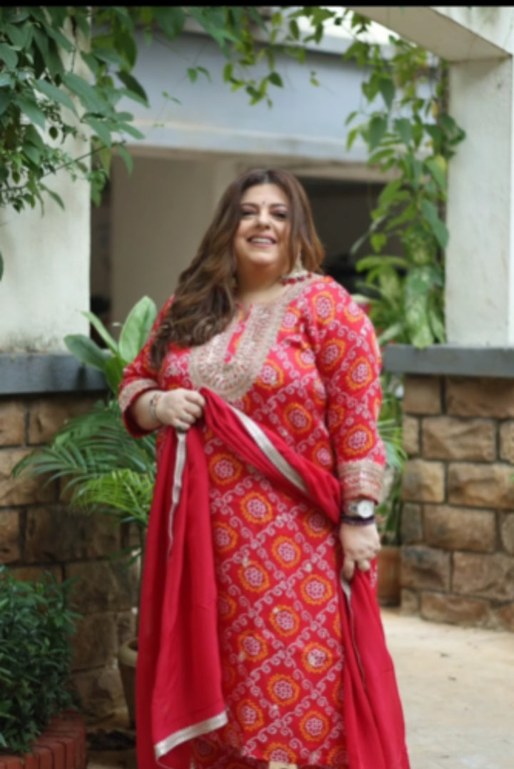 Red Bandhani Gota Suit Set
