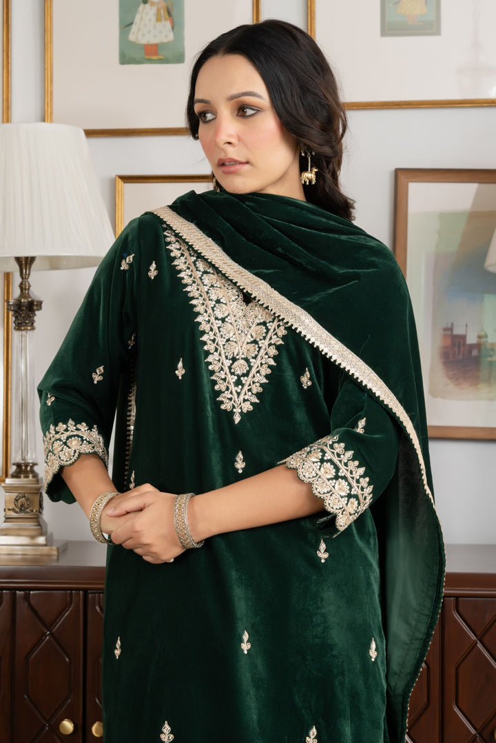 Bottle Green Gota Zardozi Velvet Suit Set