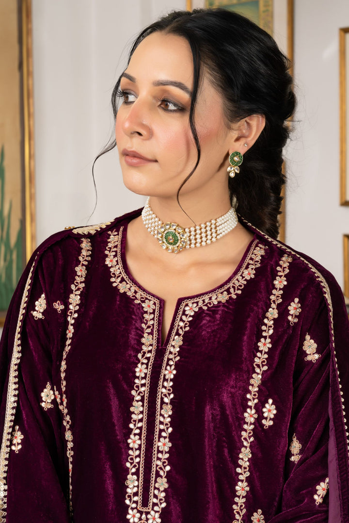 Ahilyaa Wine Velvet Suit Set