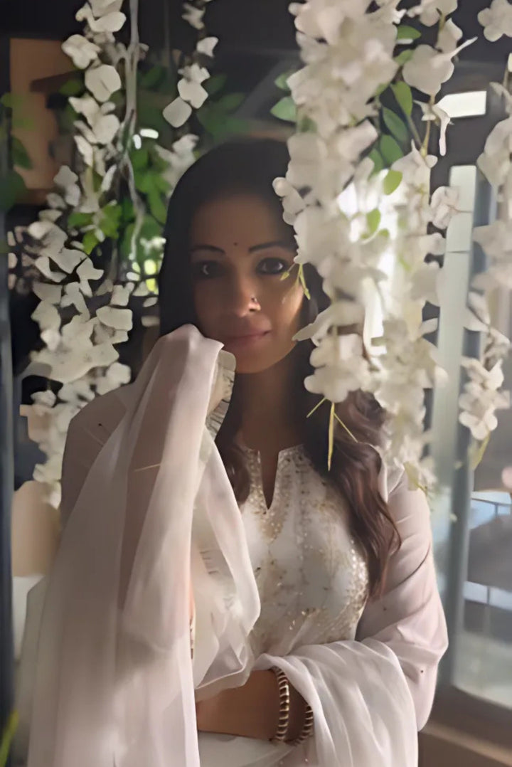 White georgette aari suit set
