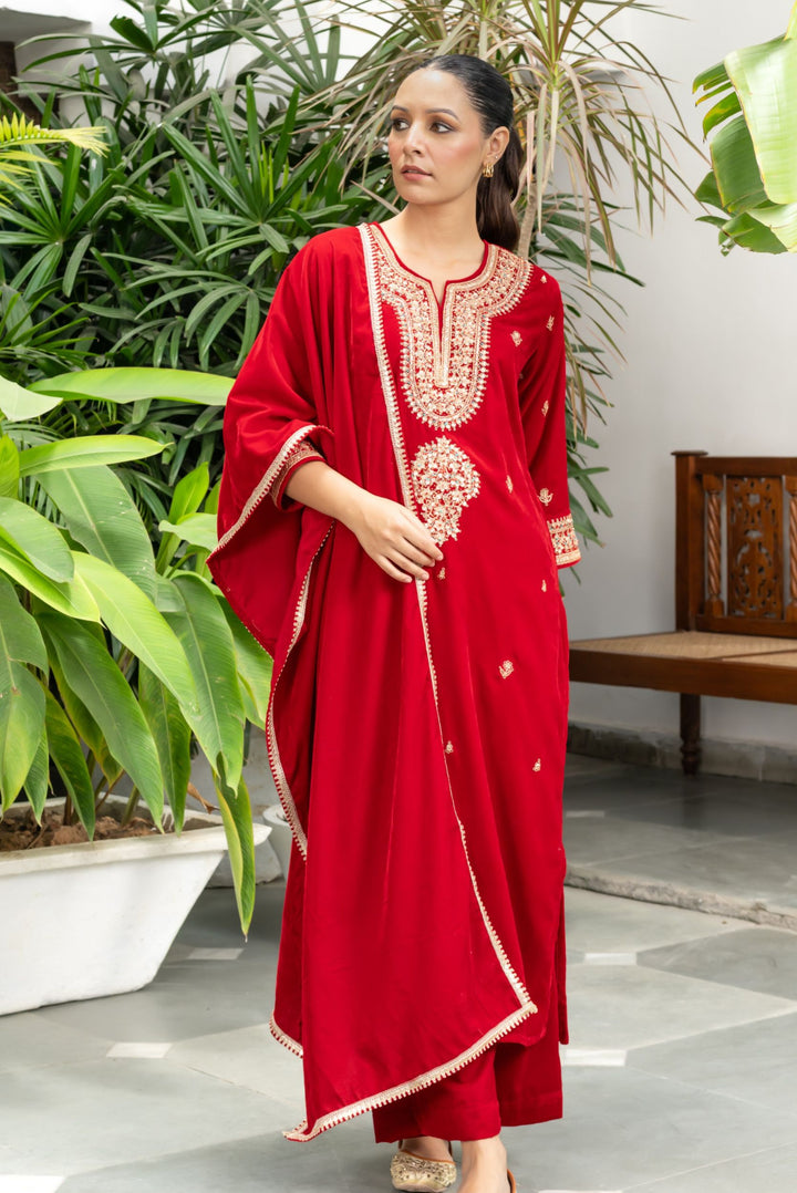 Zainab Red Velvet Marodi Suit Set