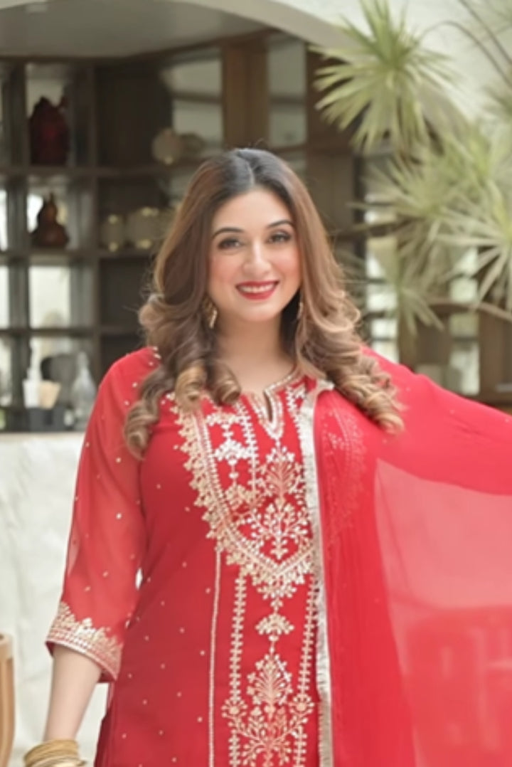 Red georgette aari suit set