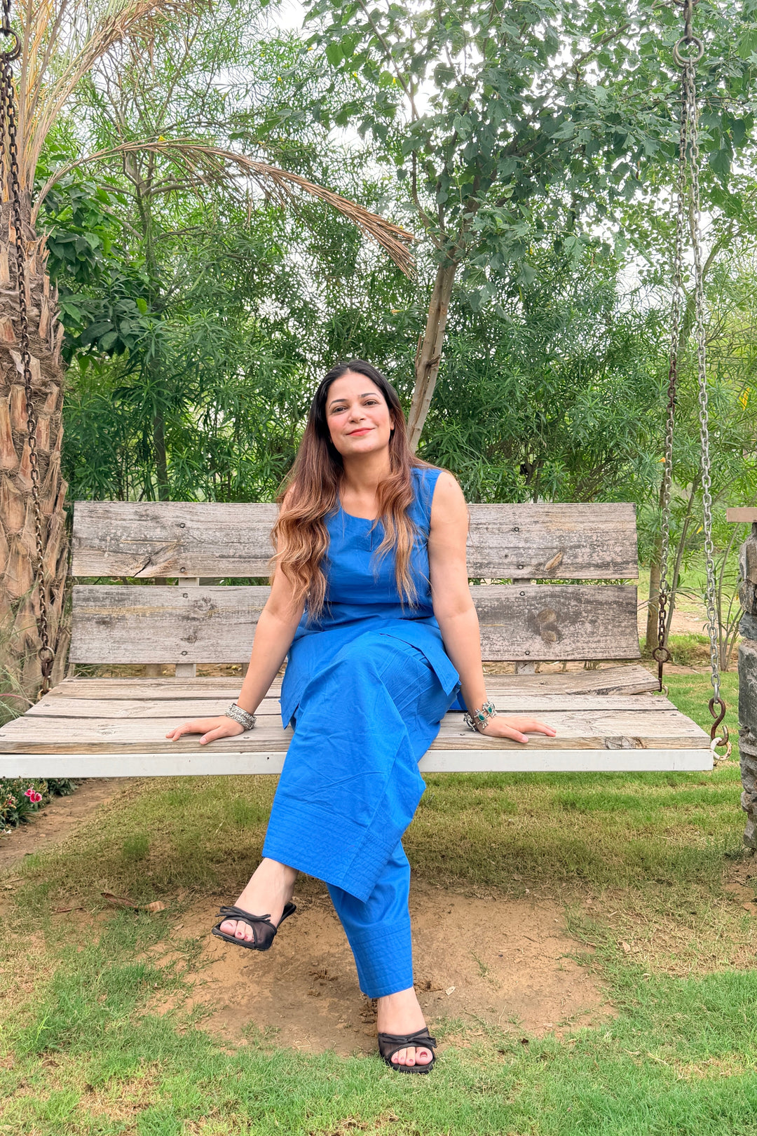 Blue Solid Cotton Farshi Set