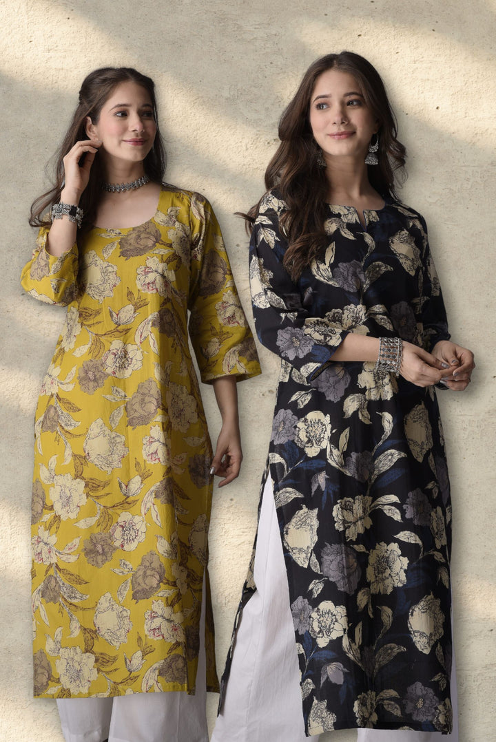 Combo - Yellow Floral & Black Straight Kurta