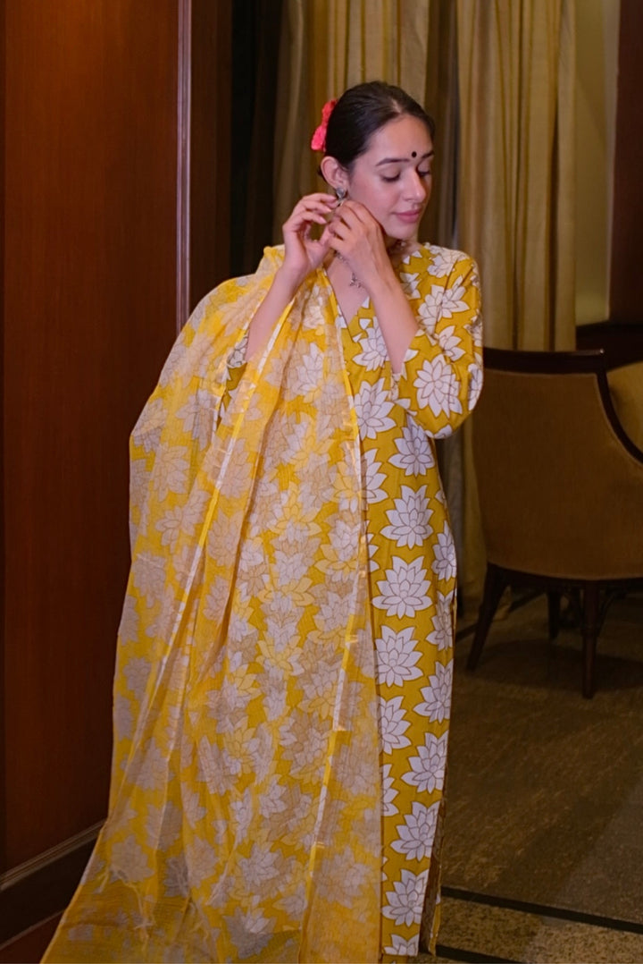 Yellow Lotus Cotton Suit Set