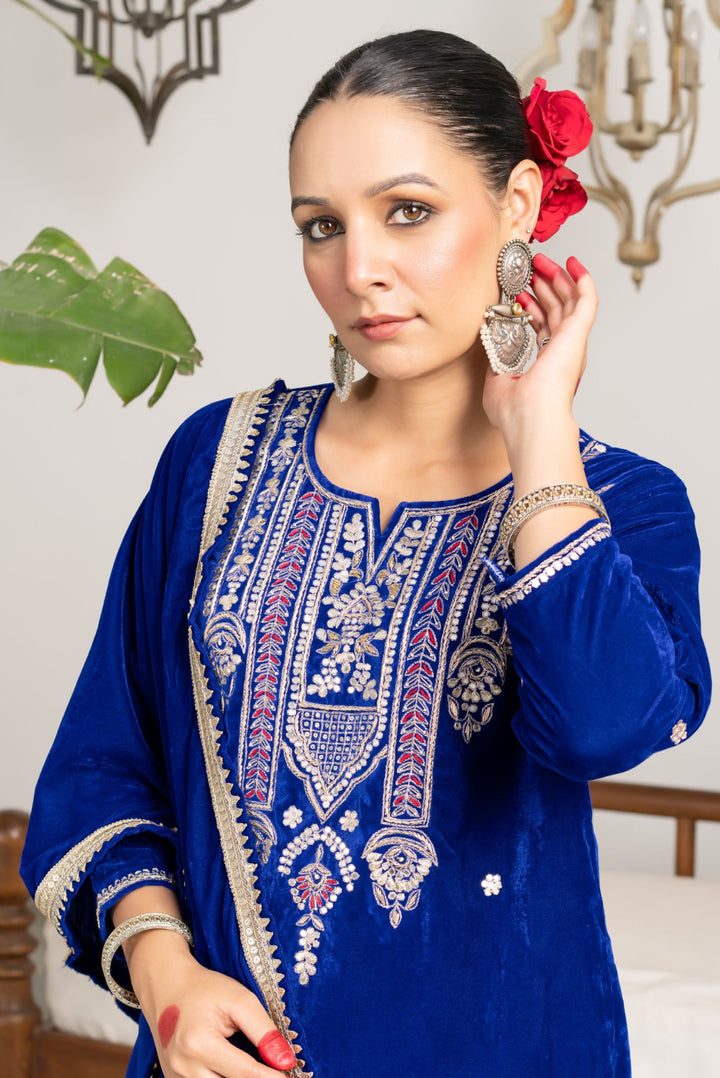 Sadia Blue Velvet Gota Suit Set