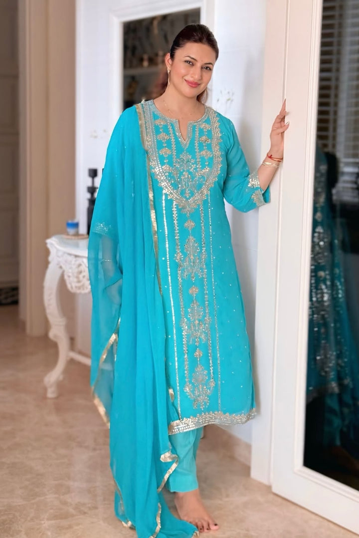 Firozi Georgette Aari Suit Set
