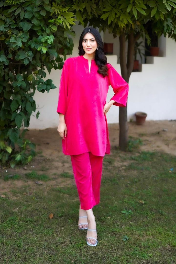 Fluorescent Pink Velvet Co-ord Set