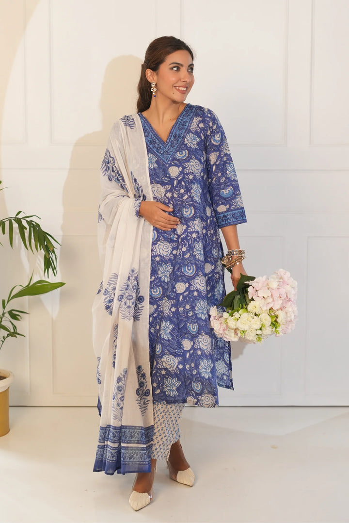 Unstitched - Bhavya Blue Cotton Suit Set
