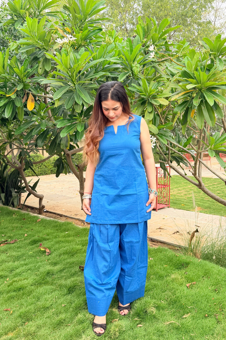 Blue Solid Cotton Farshi Set