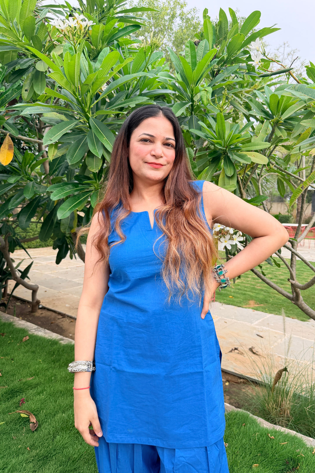 Blue Solid Cotton Farshi Set