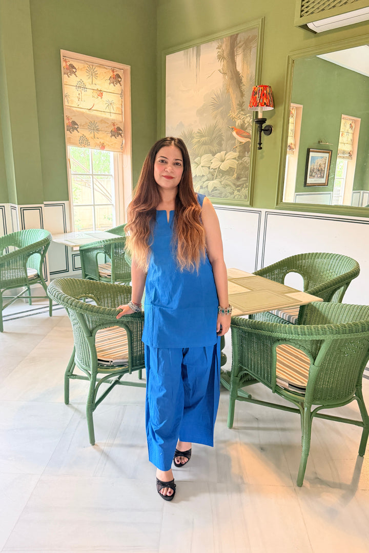 Blue Solid Cotton Farshi Set