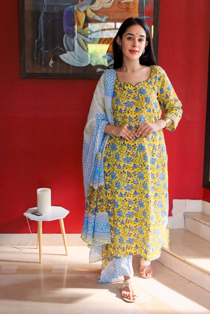 Yellow Handblock Cotton Suit Set