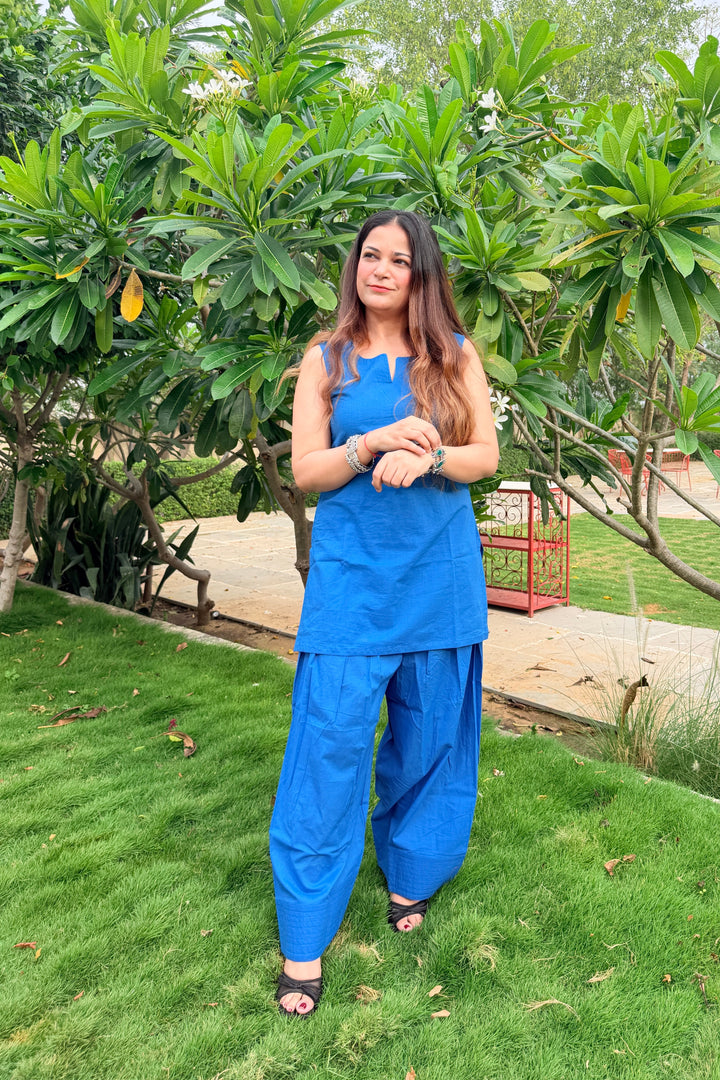 Blue Solid Cotton Farshi Set