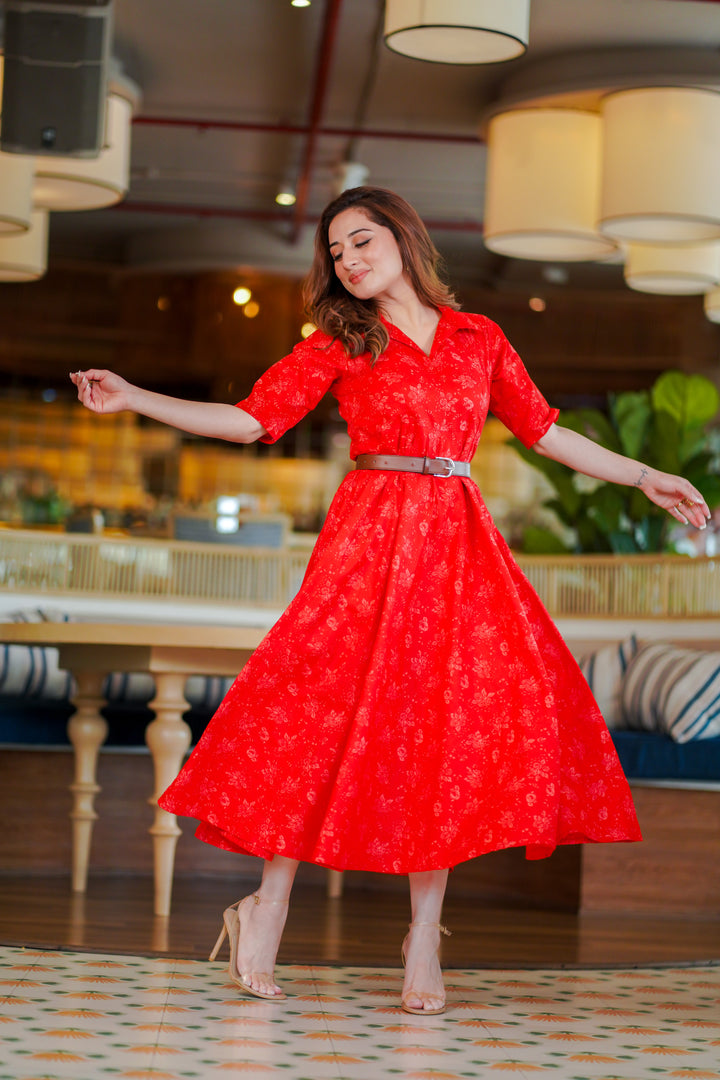 Red Rose Cotton Shirt Dress