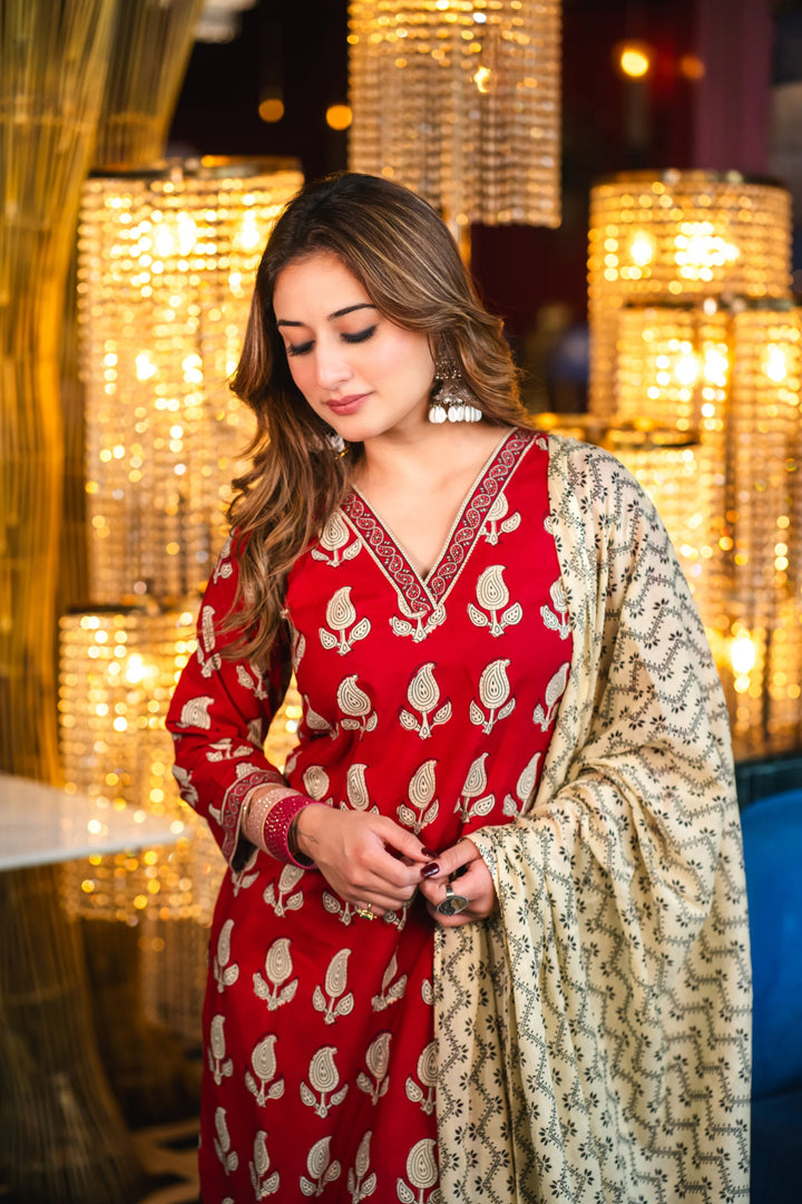 Unstitched - Roza Red Straight Suit Set