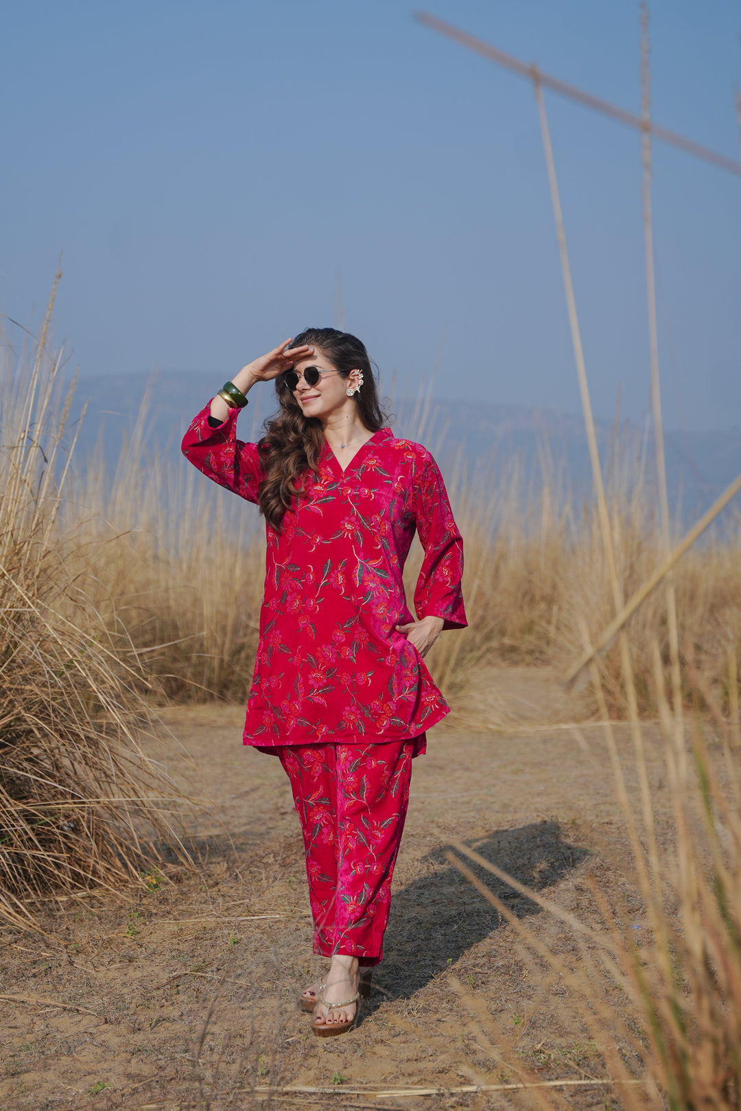 Pink Printed Velvet Co-ord Set