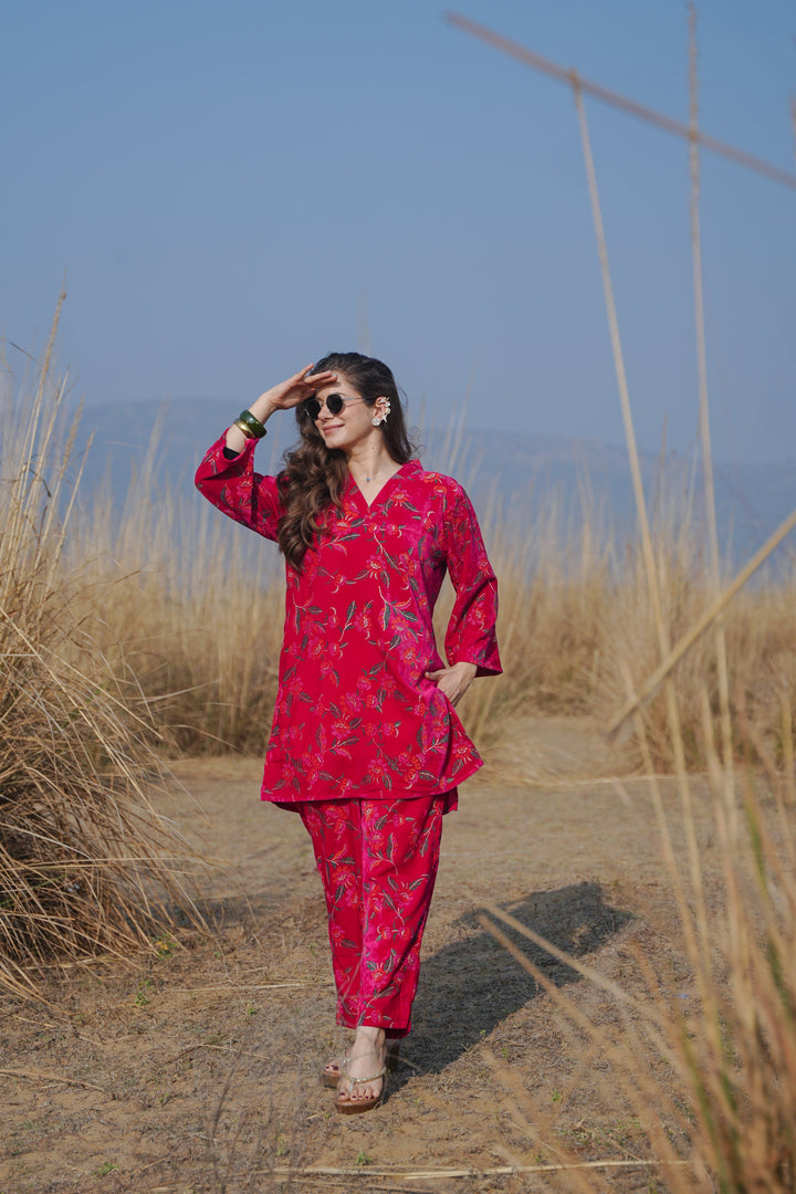 Pink Printed Velvet Co-ord Set