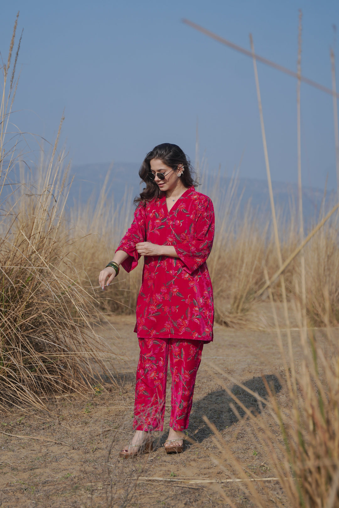 Pink Printed Velvet Co-ord Set