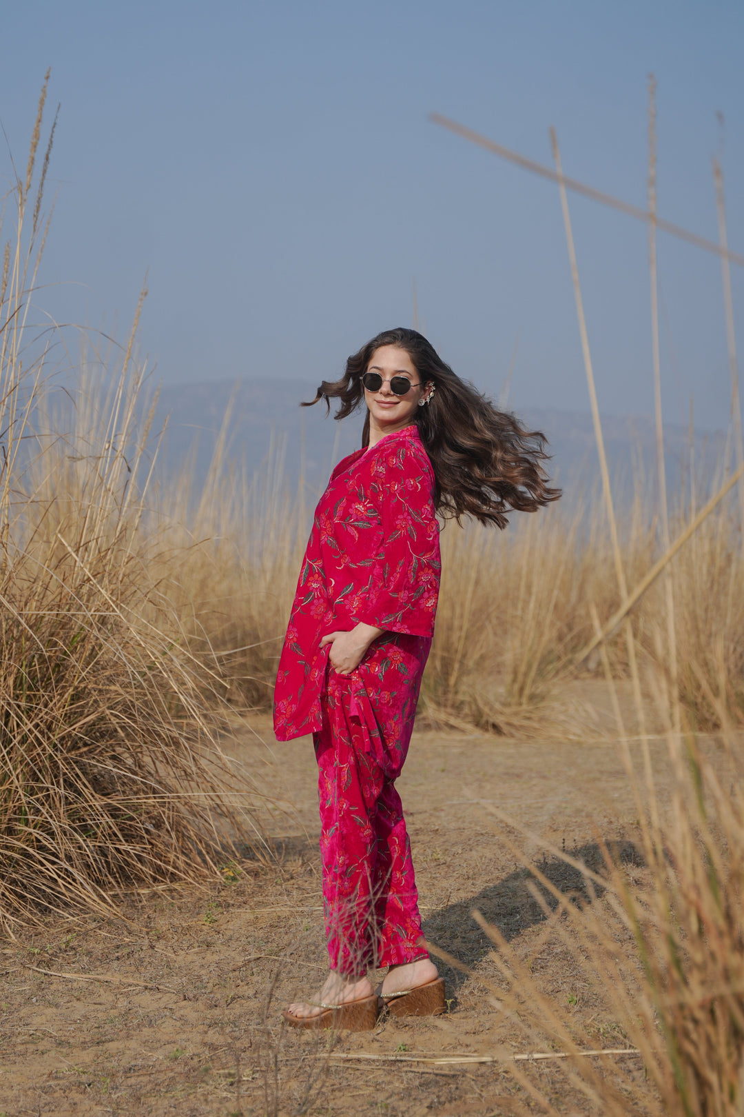 Pink Printed Velvet Co-ord Set