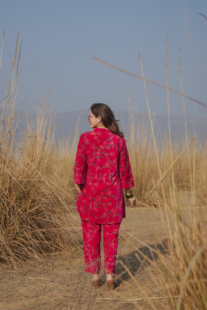 Pink Printed Velvet Co-ord Set