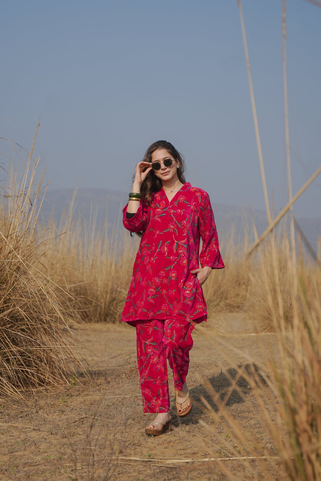 Pink Printed Velvet Co-ord Set