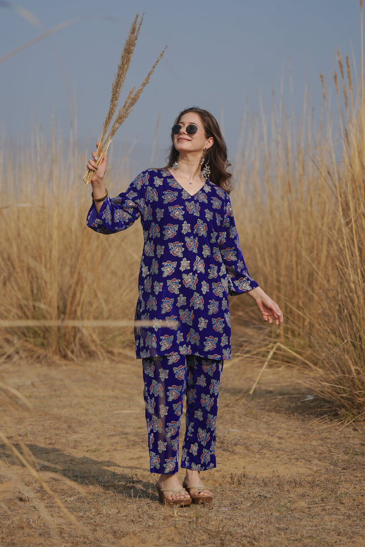 Blue Foil Printed Velvet Co-ord Set