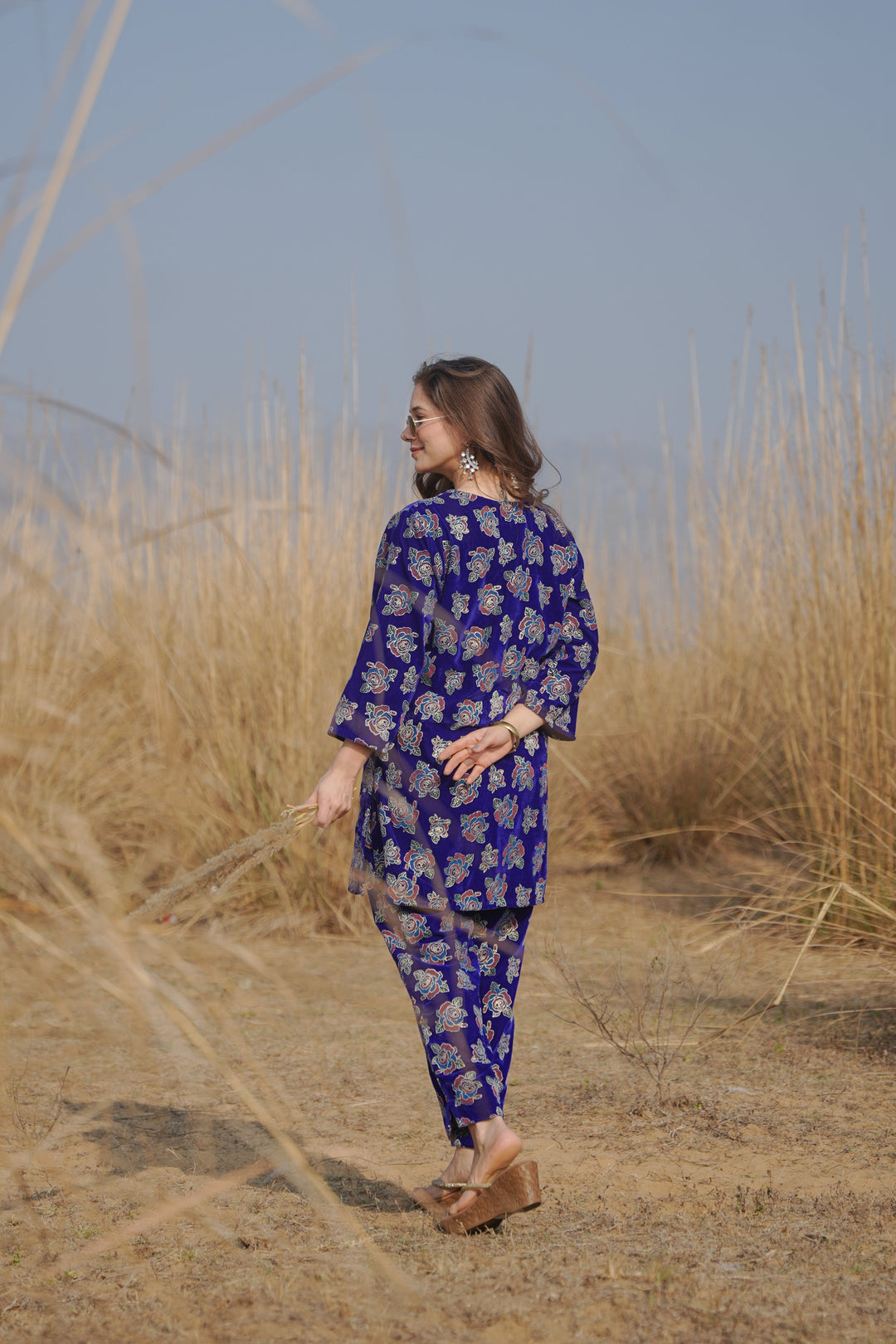 Blue Foil Printed Velvet Co-ord Set