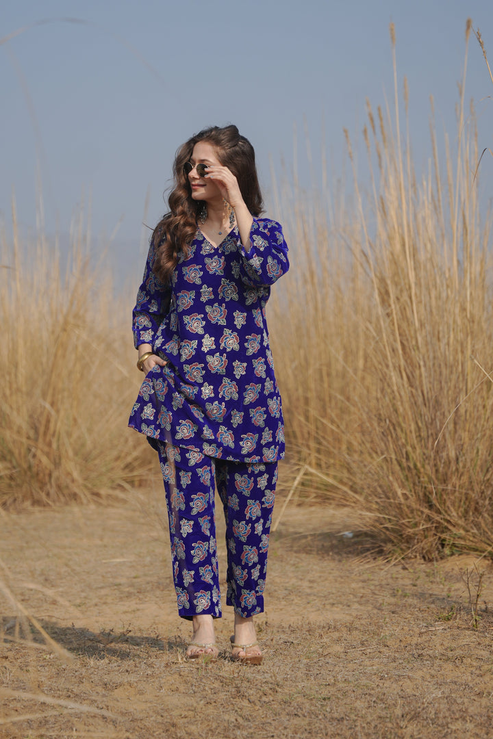 Blue Foil Printed Velvet Co-ord Set