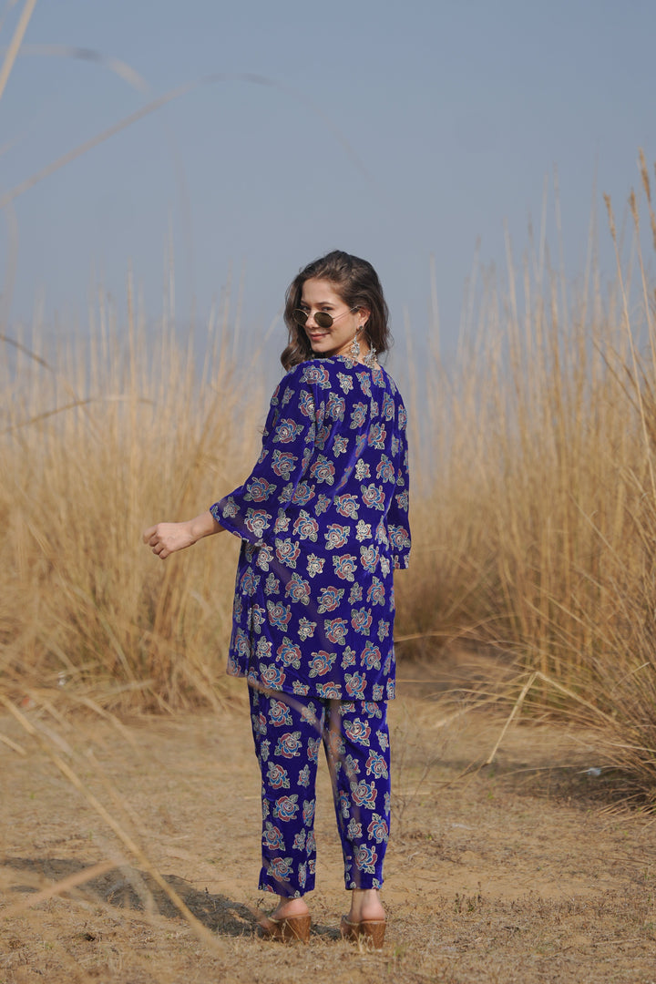 Blue Foil Printed Velvet Co-ord Set