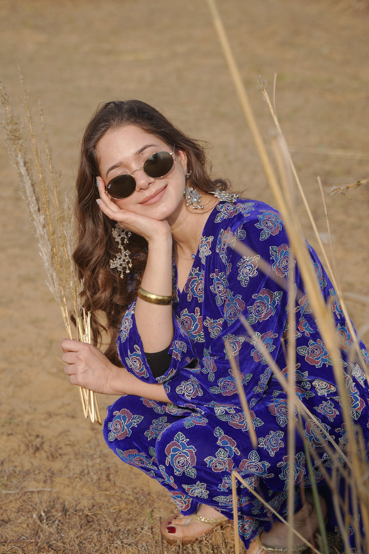 Blue Foil Printed Velvet Co-ord Set