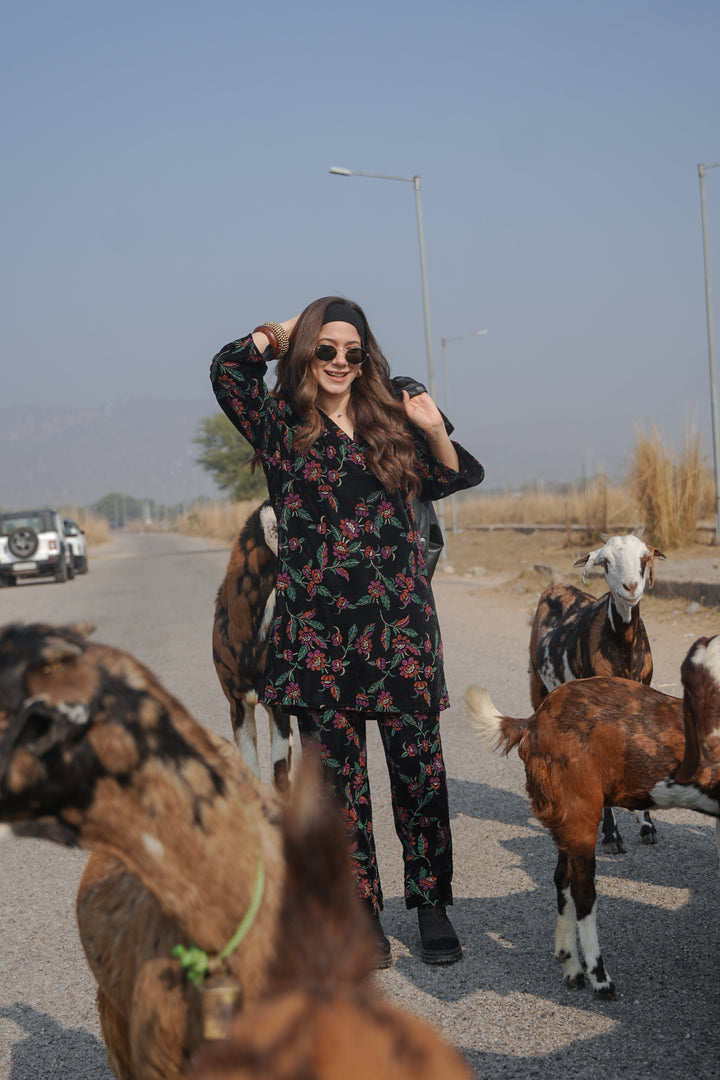 Black Printed Velvet Co-ord Set