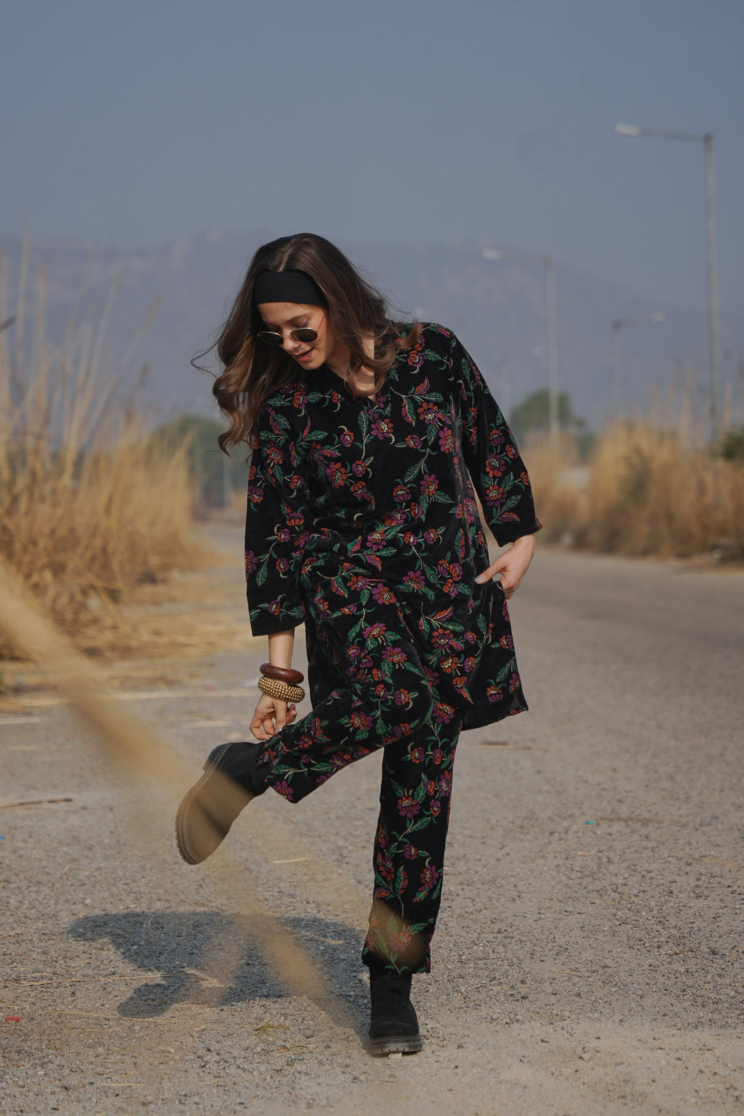 Black Printed Velvet Co-ord Set