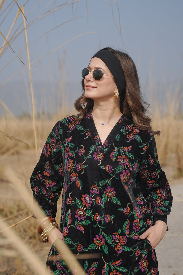 Black Printed Velvet Co-ord Set