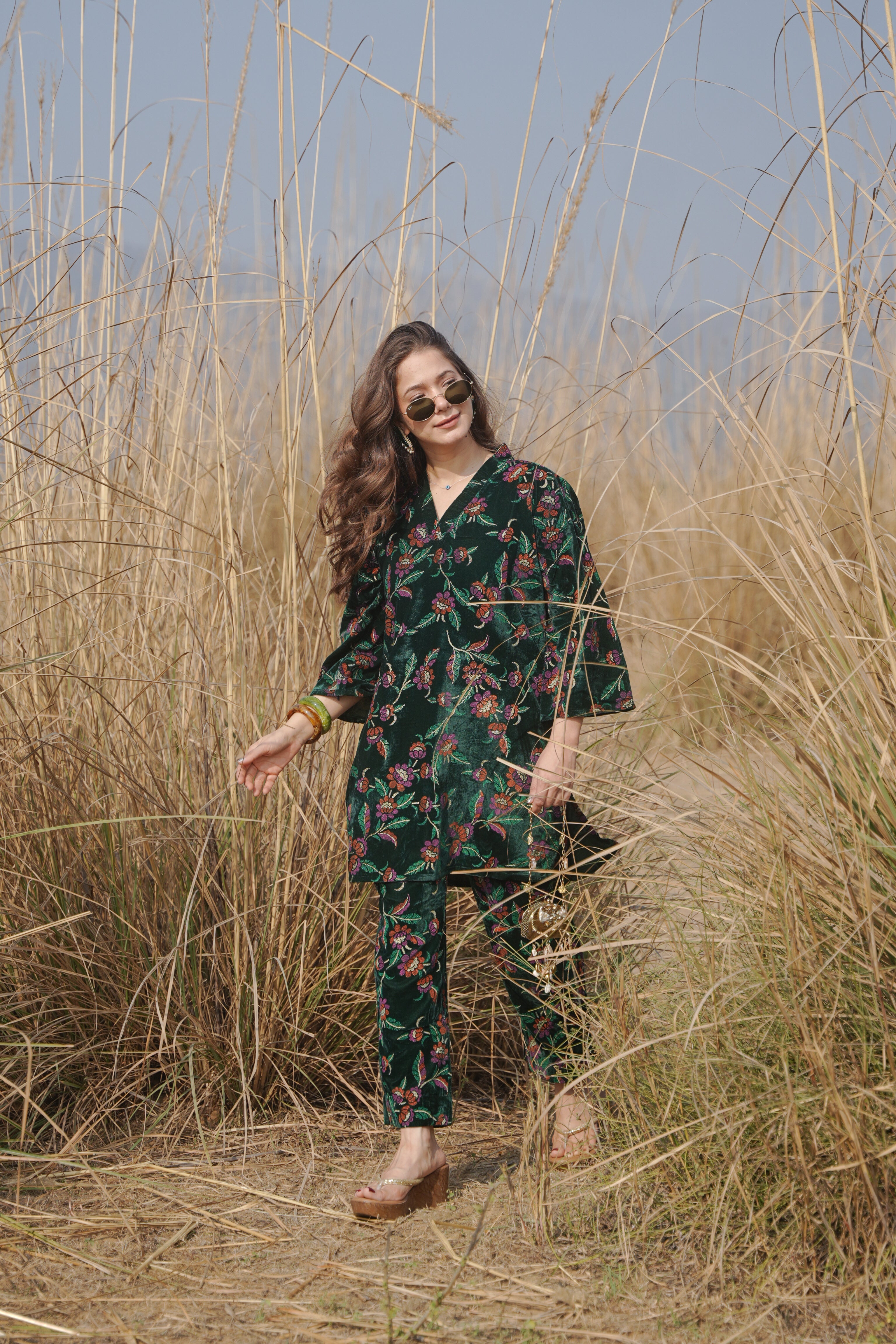 Bottle Green Printed Velvet Co-ord Set – DIMPLE DESIGN STUDIO
