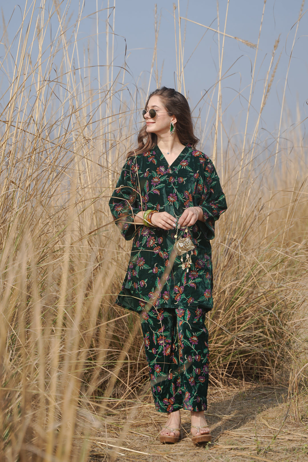 Bottle Green Printed Velvet Co-ord Set